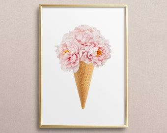 Poster, Print, Kunstdruck, Digitaldruck, Illustration: Bouquet auf Eiswaffel - Blumen, Kinderzimmer, Geschenkidee zum Geburtstag, Babyparty