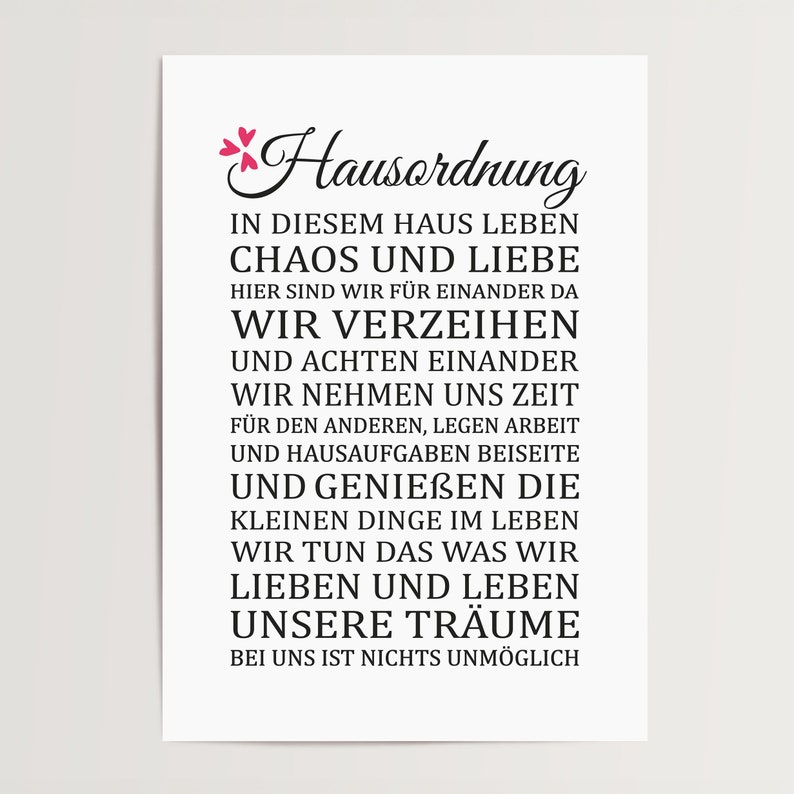 May include: Black and white printable wall art with a quote about living in a house with chaos and love. The quote reads "In this house we live chaos and love. Here we are for each other. We forgive and respect each other. We take time for each other, put work and chores aside, and enjoy the little things in life. We do what we love and live our dreams. With us, nothing is impossible."