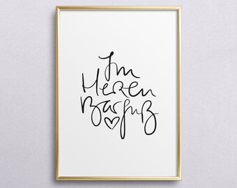 Poster, Kunstdruck, Digitaldruck, Zitat, Sprücheposter: Im Herzen Barfuß - Handlettering, Geburtstag, Geschenkidee, Wand Bild, Deko, Design