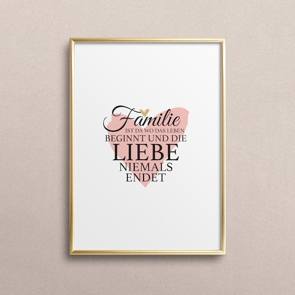 Poster, Print, Wallart, Fine Art-Print, Quotes, Sayings, Typography, Art: Familie ist da wo das Leben beginnt und die Liebe niemals endet