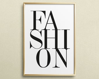 Puede incluir: Una impresión enmarcada en dorado con la palabra "FASHION" en letras negras, con las letras superpuestas.