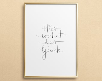 Poster, Print, Kunstdruck, Digitaldruck, Quote, Zitat, Sprüche: Hier wohnt das Glück - Geschenkidee, Hochzeit, Muttertag, Liebe, Home, Gift