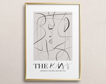 Poster, Print, Wallart, Fine Art-Print, Line Art: The kiss - gift idea, interior, design, black white, drawing, minimalistic