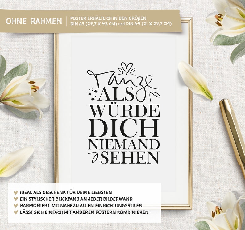 Poster, Print, Wallart, Fine Art-Print, Quotes, Sayings, Typography, Art: Tanze als würde dich niemand sehen motivation, gift idea, german image 3