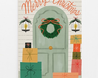 Merry Christmas Door Card | Christmas Card | Holiday Card | Christmas Presents Card | Front Stoop Christmas Decor