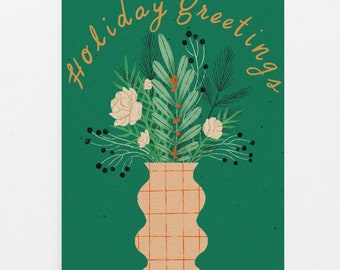 Holiday Greetings Modern Bouquet in a Vase | Christmas Bouquet Card | Holiday Floral Card