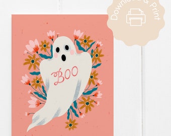 INSTANT DOWNLOAD Printable | Floral Ghost BOO | Printable Halloween Card | Digital Halloween Party Invitation | Halloween Greeting Card