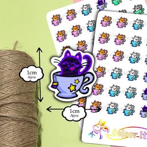 Mini Cat Stickers / Small Tea Cup Sticker Sheet For Planner, Journal, Calendar, Diary or Scrapbooking (81)