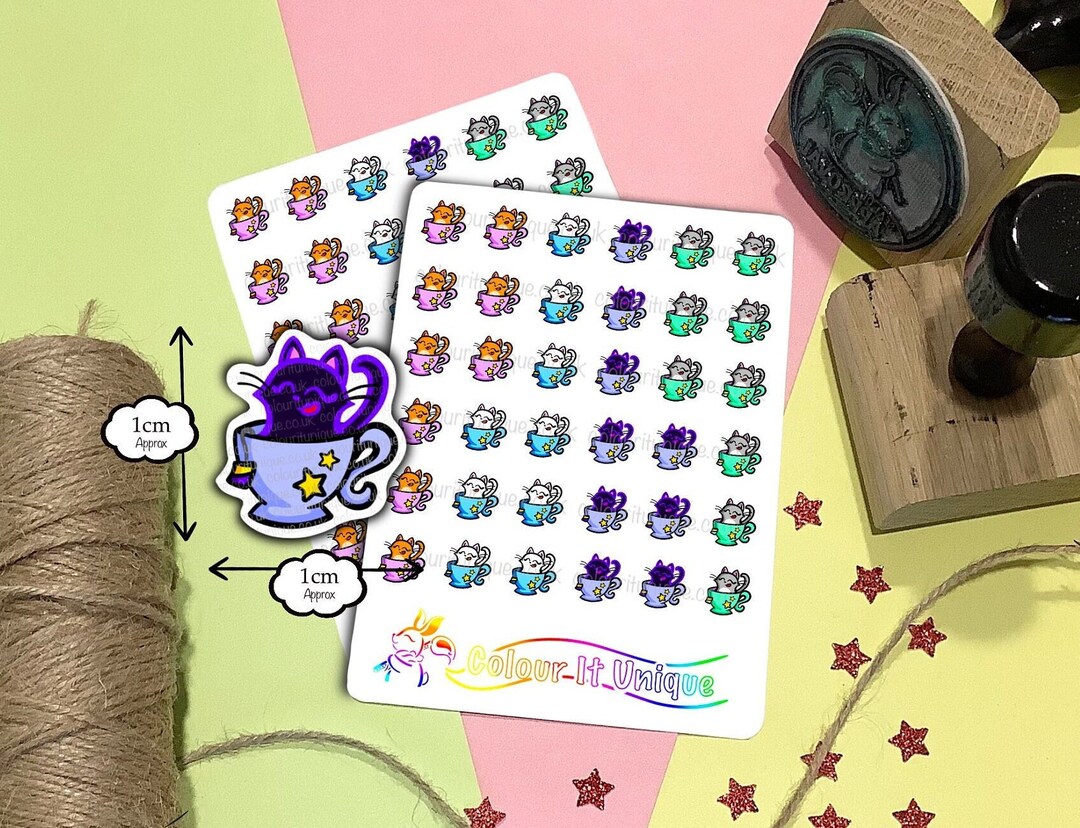Mini Cat Stickers / Small Tea Cup Sticker Sheet for Planner, Journal ...