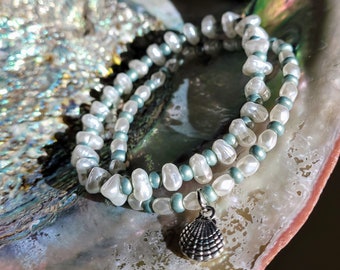 Seafoam Green and White Faux Seed Pearls Easy Stretch Stacked Bracelets With Clam Shell Charm