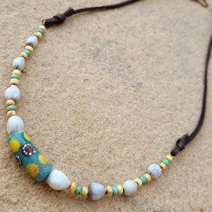 African Krobo Bead and Job&#39;s Tears Ethnic Style Bohemian Necklace with Soft Brown Leather Cord