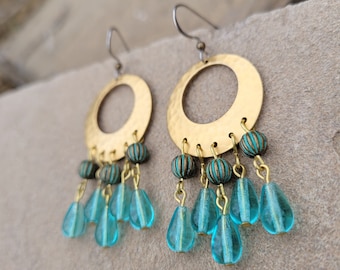 Hammered Brass with Aqua Glass Drops and Verdigris Patina Chandelier Chandbali Earrings with Hypoallergenic Stainless Steel Ear Wires