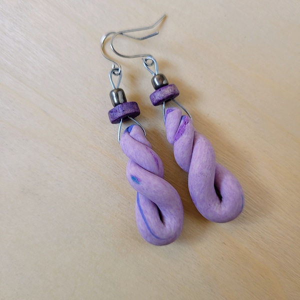 Fabulous Purple Twists Crafted Polymer Clay Beads with Stainless Steel Earrings