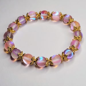 Mystic Pink and Purple Mermaid Glass with Gold Flower Bead Caps Fairy Princess Easy Stretch Bracelet Handmade with Love in Colorado