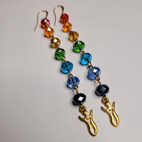 Long and Lovely Rainbow Crystals Beaded Chain Strand with Feminine Heart Energy Golden Goddess Symbol Charm Shoulder Duster Earrings