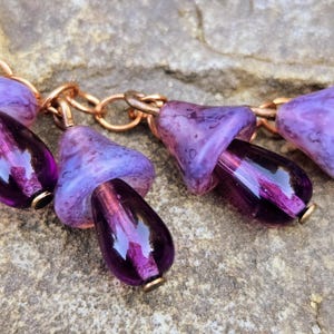 Necklace of Purple Glass Mushrooms on Adjustable Length Copper Chain Woodland Fairy Whimsical Violet Speckled Cap Mushroom Charm Necklace