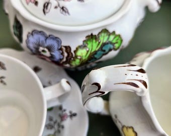 Vintage Booths Stanway China Tea Set Creamer Sugar Bowl with Lid Teacup and Saucer Made in England Scallop Edge Flower Motif A8056