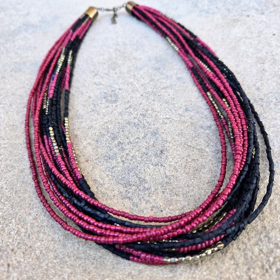Vintage African Tribal Multiple Strand Seed Bead Necklace Rich