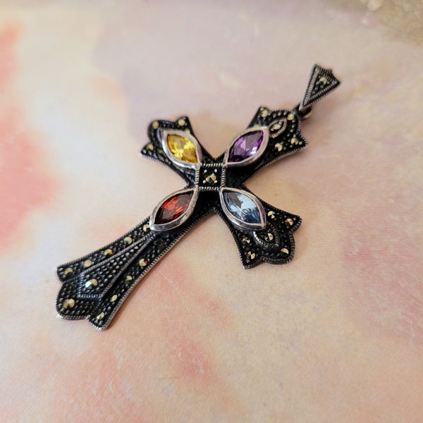 Multi Gemstone Sterling Silver Gothic Cross Pendant with Sparkling Marcasite Amethyst Citrine Garnet Aquamarine and Attached 6mm Bail