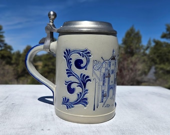 Vintage Authentic Goebel Salt Glazed Stoneware Beer Stein Rothenburg Tauber Old German Town Motif Cobalt Blue Relief with Hinged Pewter Lid