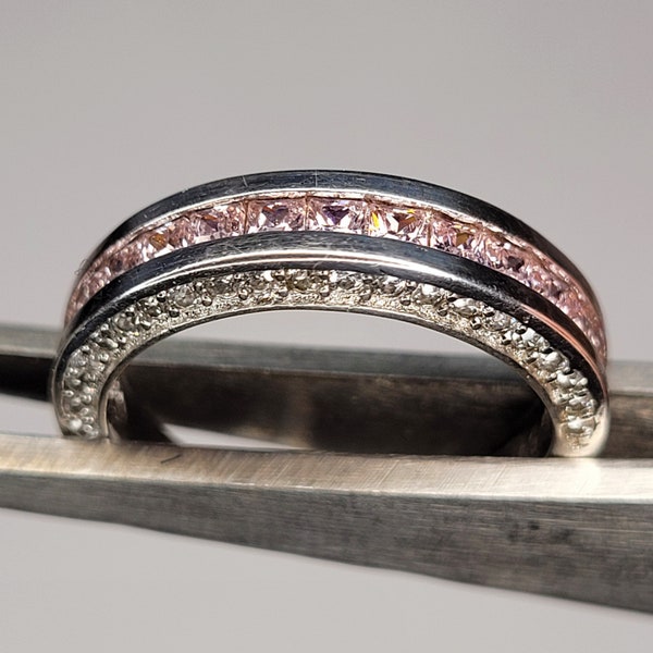 Vintage Sterling Silver Ring with Channel Set Pink Cubic Zirconia Crystals and CZ Diamonds on both Sides Promise Ring Eternity Ring