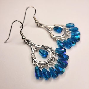 Bright Aqua Faceted Fire Polished Glass Chandelier Chandbali Earrings with Hypoallergenic Stainless Steel Ear Wires
