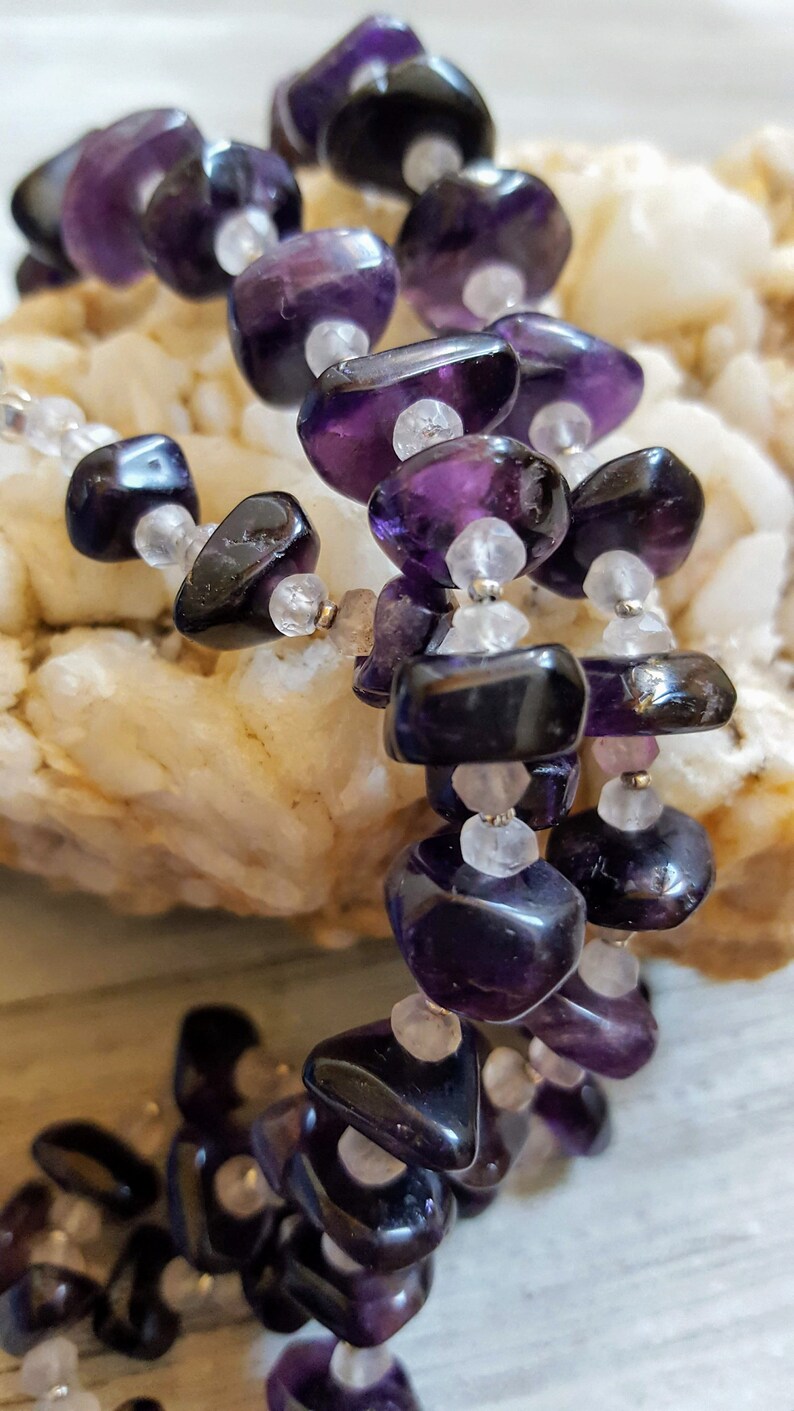 Amethyst Graduated Nuggets with Rose Quartz and Thia Silver Necklace