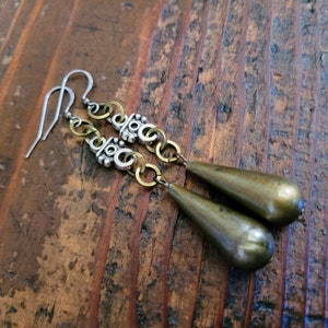 Earrings of Long and Lightweight Shimmering Bronze Drops Aztec Inspired Native Goddess Earring with Hypoallergenic Stainless Steel Ear Wires