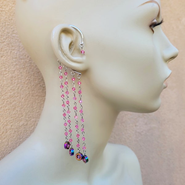 Asymmetric Single Ear Cuff with Sparkling Rainbow Maker Pink Preciosa Crystals and Titanium Hematite Infinity Ring Charms