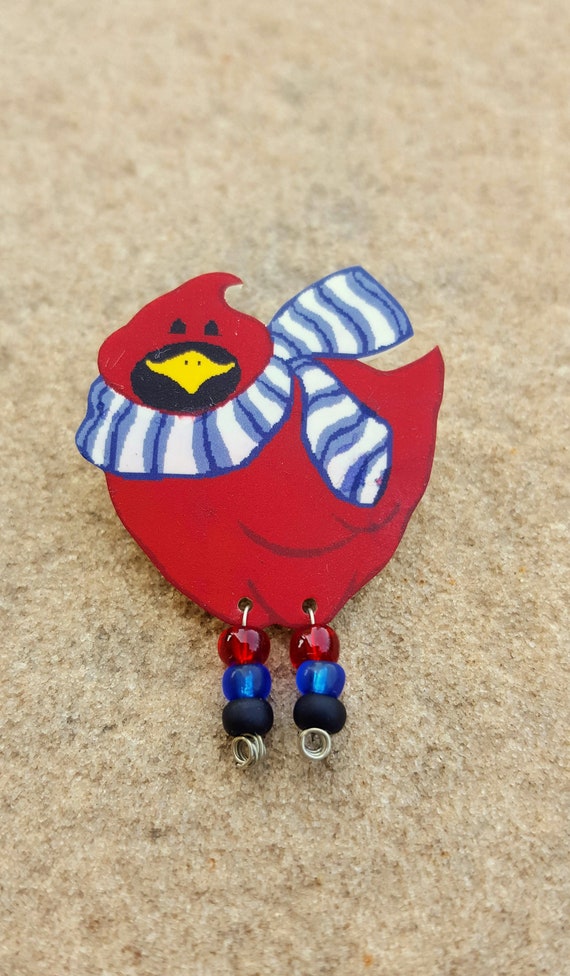 Vintage Artisan Shrink Work Whimsical Red Bird Pin