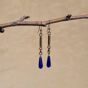 Bronze Chain Links with Cobalt Blue Cat's Eye Glass Drops and Hypoallergenic Stainless Steel Chic Earrings
