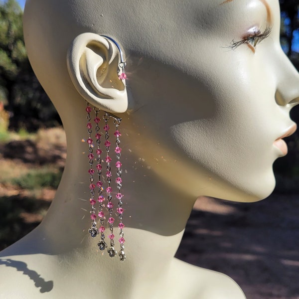 Asymmetric Single Left Ear Cuff with Sparkling Rainbow Maker Pink Preciosa Crystals and Sweet Silver Tone Flower Charms