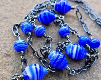 Lampwork Glass Beads of Blue and White Swirls Wire Wrapped and Chain Linked on Gunmetal Chain Bohemian Style Long Necklace