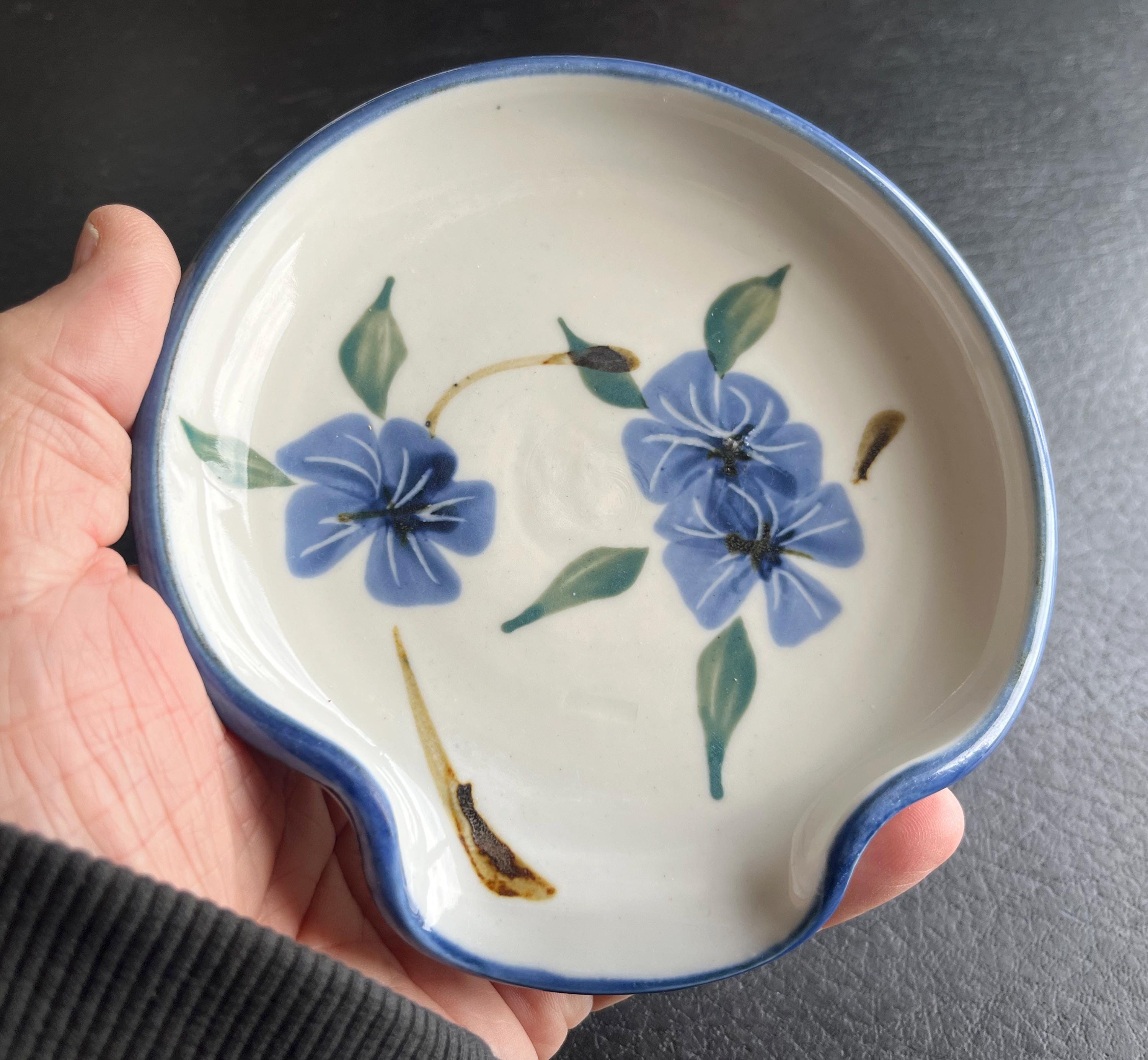 Artisanal Impatience Flowered Blue Spoon Rest Signed Handmade Ceramic Spoon Rest      B15