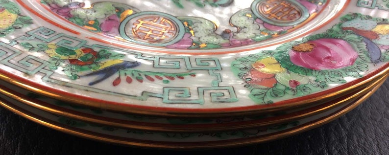 Rose Canton hand painted Vintage side plates 8 18\u201d lots of gold work very special and attractive gold medallion