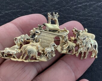 Noah's Ark Gold Tone Animals Brooch Pin Estate Signed AJC  H339