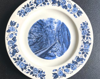 May include: A round ceramic plate with an off-white base color featuring a blue floral border pattern. The center of the plate displays a detailed blue illustration of a rocky canyon with a wooden walkway and the text "AUSABLE CHASM".