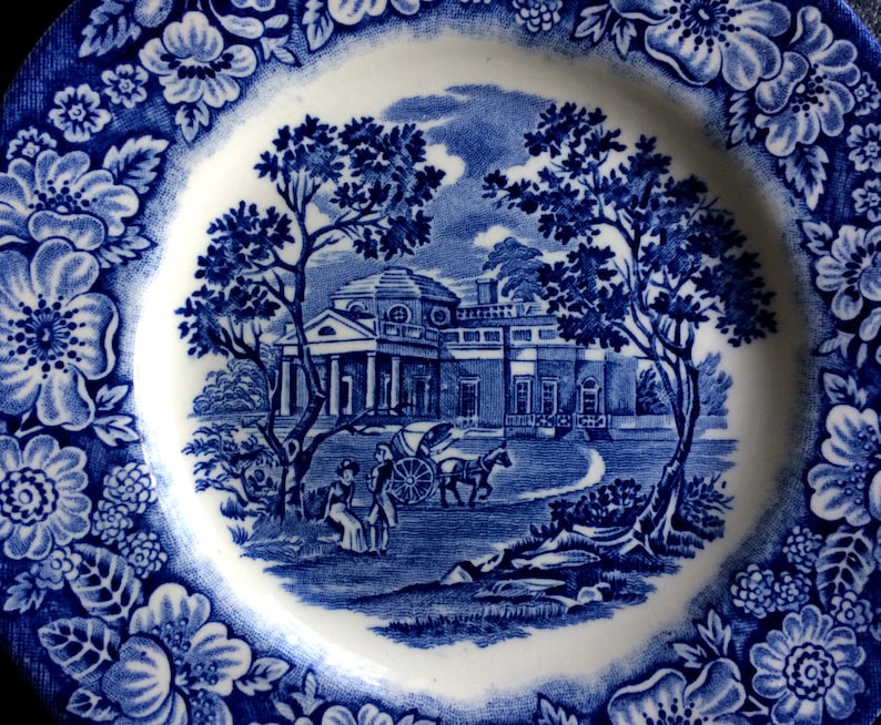 Liberty Blue Staffordshire Monticello Bread /& Butter Dessert Plates 6\u201d England Original Copper Engraving Four Plates