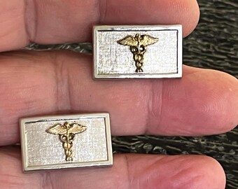 Caduceus Symbol Vintage Swank Medical Doctors Square Cufflinks Silver and Gold    H705