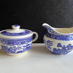 Blue Willow Woods and Sons Ware England Sugar and Creamer Vintage Almost a Pair   L2.EE