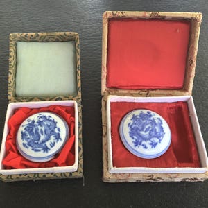 Chinese Porcelain Chop Ink Red Paste Box Blue Porcelain Container Two never used Soapstone  (B1)