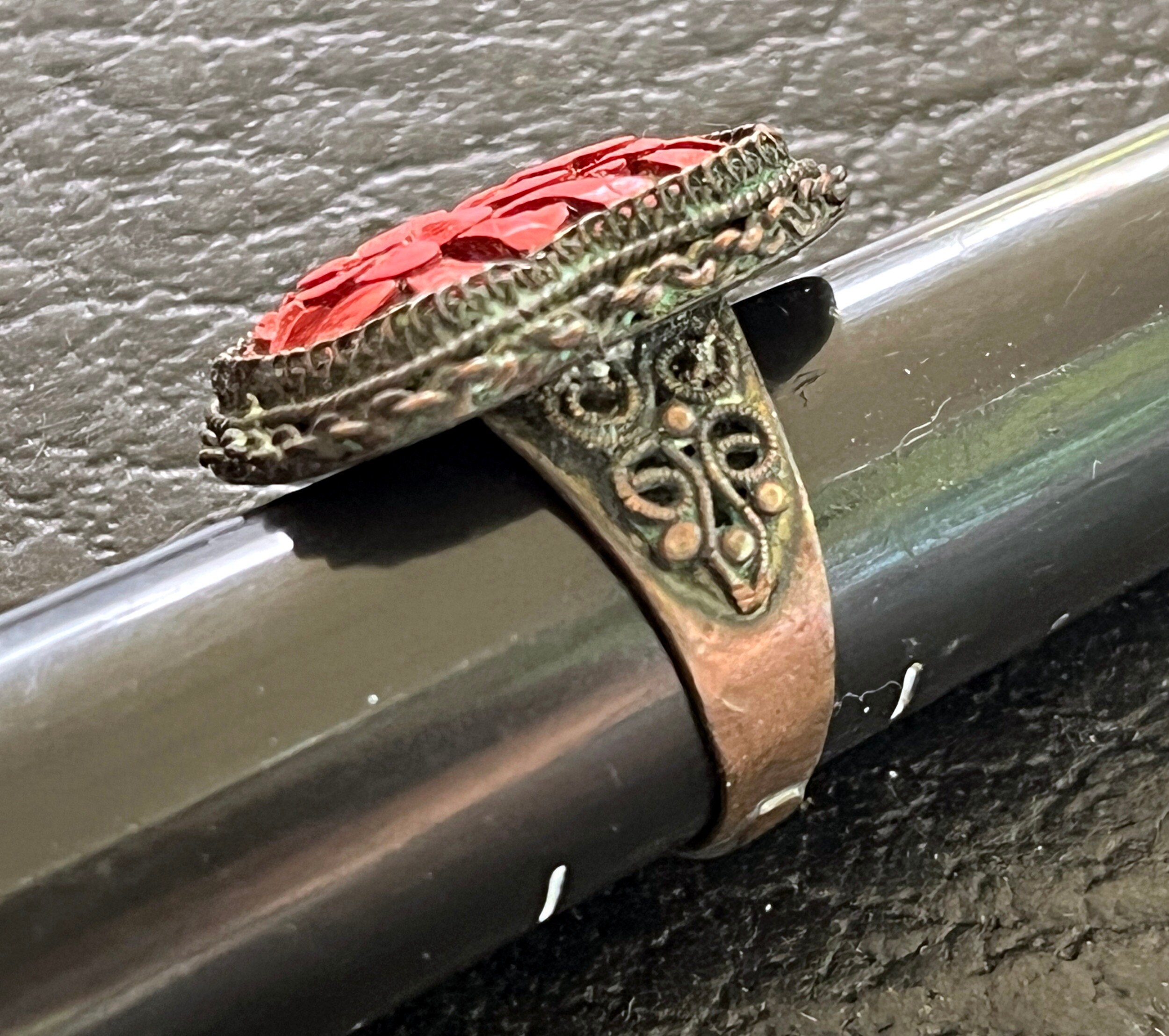 Large Antique Chinese Carved Cinnabar Statement Ring Stamped Large Antique Chinese Carved Cinnabar Statement Ring Stamped