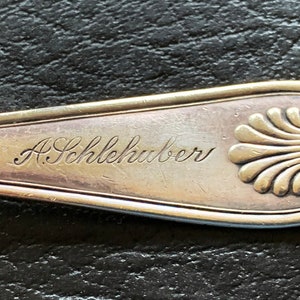 A SCHLEHUBER Silver plated Table Spoon Shell Pattern 1895 B.S. Co Monogramed HEY we found it for you  B18