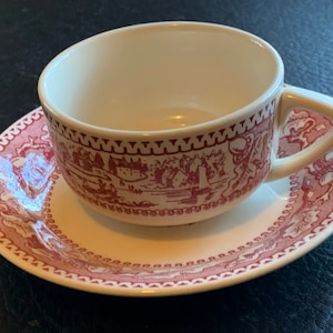 Memory Lane Royal China Cup and Saucers Vintage Ironstone Oak and Acorn Border Pink