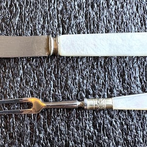May include: A silver-toned butter knife and a two-pronged serving fork, both featuring smooth, off-white handles. The knife has a wide, rounded blade, while the fork has a slender, metallic neck with decorative engraving near the handle base.