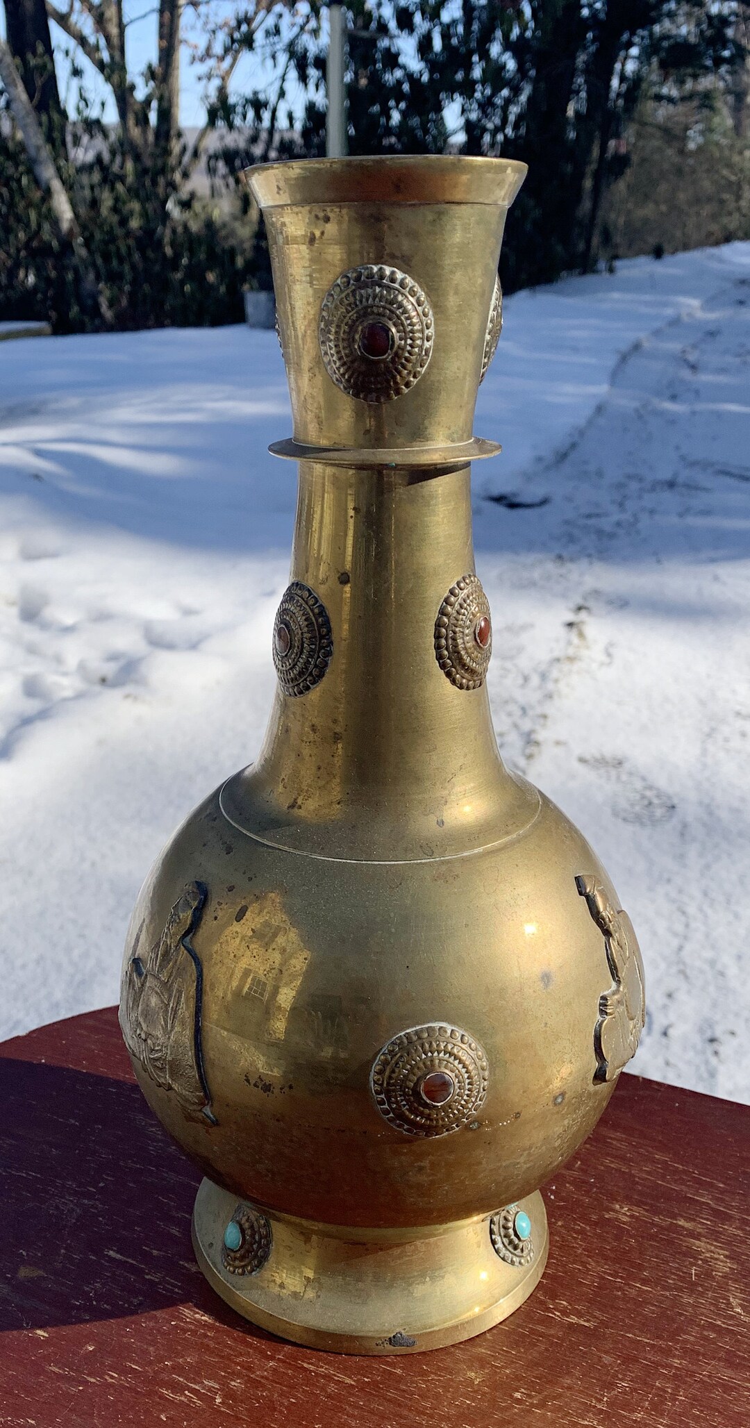 Chinese Brass Tall Jeweled Vase With Caishen God of Wealth Circa 1900