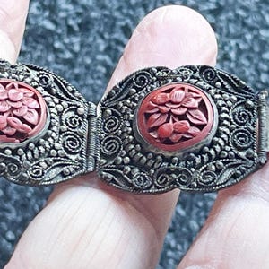 Vintage Antique Chinese Silver Tone Carved Red Cinnabar Filigree Panel Bracelet      LGJ