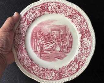 Historical America Homer Laughlin Red Betsy Ross Showing the First Flag 9 1/4” Luncheon Plates