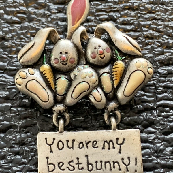 Bunny Brooch Vintage Signed AJMC You are my Best Bunny with sparkles H459