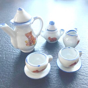 Tea Set for 2 sets Miniature Baby Teddy Bear Motif Ceramic with Tea Pot Sugar Creamer Baby Blue Trim